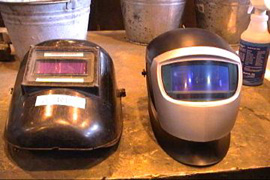 Light-weight welding helmets (right) reduce the effort needed to hold your head in a bent position while welding.
