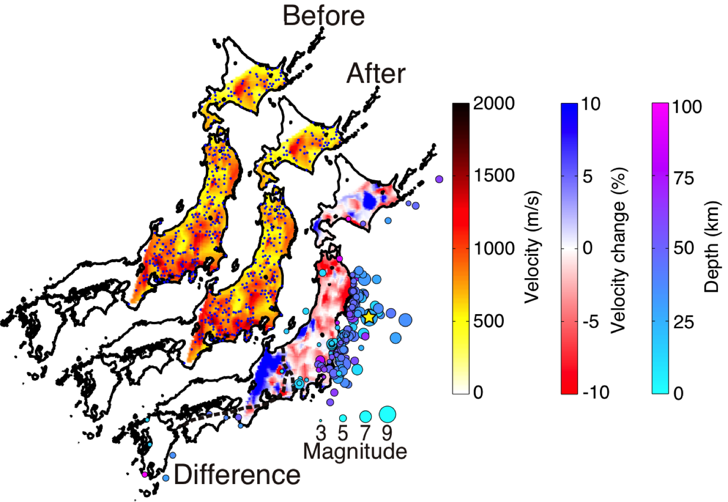 Time-lapse map of near-velocity in Japan before and
          after the Tokoku-Oki earthquake.